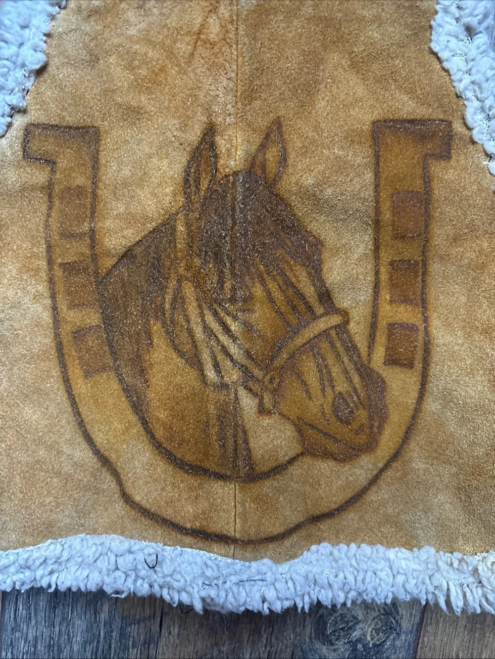 Vtg Mecho Mexican suede leather hand burned horse print Sherpa lined vest S